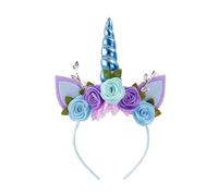 Nishine Fascia per capelli con unicorno, fiori in tessuto non tessuto, orecchie di gatto, tiara con corno glitterato, per cosplay, feste a tema unicorno, colore: blu