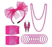 NITAIUN Anni '80 Accessori Costume Rosa Fascia in Pizzo Collana Orecchini Neon Bracciale Guanti del Fishnet Retrò Anni ' 80 Signore e Ragazze Partito Costume Set, Accessori 80s, Taglia unica (Rosa)