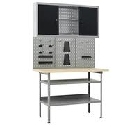 NITCA Banco da Lavoro con 3 Pannelli a Parete e 1 Armadietto, Set Banco da Lavoro in Acciaio, Tavolo da Lavoro, Banco Utensili, Regolabile in Altezza, Tipo 1