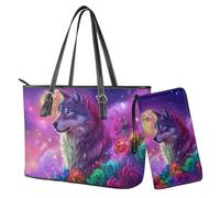 Nittanovaca Borsa con portafoglio abbinato, borsa a tracolla in pelle per donne e signore, borsa a tracolla impermeabile da lavoro, Luna rosa lupo multicolore