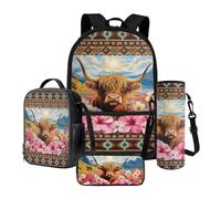 Nittanovaca Borsa per la scuola per bambini con set per il pranzo, zaino per la scuola elementare, astuccio per libri con custodia per bottiglia d'acqua, Azteco fiore di mucca multicolore-highland