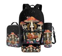 Nittanovaca Borsa per la scuola per bambini con set per il pranzo, zaino per la scuola elementare, astuccio per libri con custodia per bottiglia d'acqua, Fungo nero, Set di zaini per la scuola