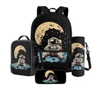 Nittanovaca Borsa per la scuola per bambini con set per il pranzo, zaino per la scuola elementare, astuccio per libri con custodia per bottiglia d'acqua, Luna astronauta nera, Set di zaini per la