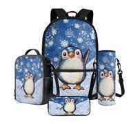 Nittanovaca Set 4 in 1 con zaino e borsa per il pranzo per bambini e adolescenti, per studenti scolastici, borsa per libri da viaggio, Pinguino blu, Set di zaini per la scuola