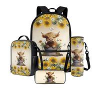 Nittanovaca Set 4 in 1 con zaino e borsa per il pranzo per bambini e adolescenti, per studenti scolastici, borsa per libri da viaggio, Beige-Highland Mucca Girasole Margherita, Set di zaini per la