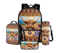 Nittanovaca Set 4 in 1 con zaino e borsa per il pranzo per bambini e adolescenti, per studenti scolastici, borsa per libri da viaggio, Azteco fiore di mucca multicolore-highland, Set di zaini per la