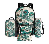 Nittanovaca Set 4 in 1 con zaino grande e borsa per il pranzo, zaino per bambini per la scuola elementare, Fiore farfalla verde e beige, Set di zaini per la scuola