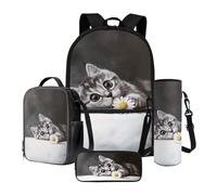 Nittanovaca Set 4 in 1 con zaino grande e borsa per il pranzo, zaino per bambini per la scuola elementare, Margherita gatto nero, Set di zaini per la scuola