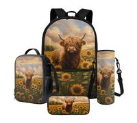 Nittanovaca Set 4 in 1 con zaino grande e borsa per il pranzo, zaino per bambini per la scuola elementare, Girasole multicolore della mucca degli altopiani, Set di zaini per la scuola