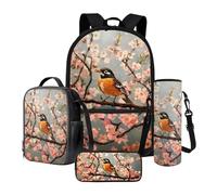 Nittanovaca Set 4 in 1 con zaino grande e borsa per il pranzo, zaino per bambini per la scuola elementare, Fiori di ciliegio colibrì multicolore, Set di zaini per la scuola