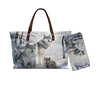 Nittanovaca Set di 2 borse tote da donna, borsa tote portatile impermeabile borsa da polso per lo shopping, Motivo lupo bianco