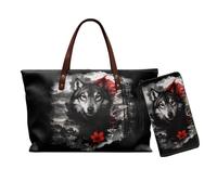 Nittanovaca Set di 2 borse tote da donna, borsa tote portatile impermeabile borsa da polso per lo shopping, Motivo floreale lupo nero