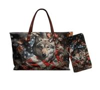 Nittanovaca Set di 2 borse tote da donna, borsa tote portatile impermeabile borsa da polso per lo shopping, Bandiera americana del lupo marrone