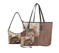 Nittanovaca Set di 3 borse da donna, da donna, in pelle PU, borsa a tracolla impermeabile con cerniera per lavoro, Stampa peonia Brown-Yorkshire Terrier
