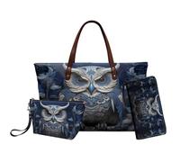 Nittanovaca Set di 3 borse da donna, impermeabili, con cerniera, piccolo portafoglio per il trucco, Gufo blu Fiore