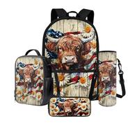 Nittanovaca Set di 4 borse per la scuola con portapranzo, astuccio da viaggio elementare, zaino con custodia per bottiglia d'acqua, Multicolore Highland Mucca Bandiera Americana Daisy, Set di zaini