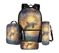 Nittanovaca Set di 4 borse per la scuola con portapranzo, astuccio da viaggio elementare, zaino con custodia per bottiglia d'acqua, Multicolore delfino Mandala Fiore, Set di zaini per la scuola