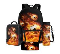 Nittanovaca Set di 4 pezzi per la scuola per bambini, zaino e borsa per il pranzo, borsa per libri casual per la scuola materna, Rosso e Nero-fuoco Calcio, Set di zaini per la scuola
