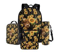 Nittanovaca Set di 4 zaini con portapranzo, borsa per la scuola con astuccio e custodia per bottiglia d'acqua, zaino carino per bambini, Girasole di mucca degli altopiani neri, Set di zaini per la