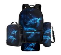 Nittanovaca Set di 4 zaini con portapranzo, borsa per la scuola con astuccio e custodia per bottiglia d'acqua, zaino carino per bambini, Tartaruga del Mar Nero, Set di zaini per la scuola