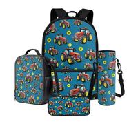 Nittanovaca Set di 4 zaini da scuola per adolescenti, zaino e borsa per il pranzo per studenti scolastici, borsa da viaggio per bambini, Trattore blu, Set di zaini per la scuola