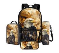 Nittanovaca Set di 4 zaini da scuola per adolescenti, zaino e borsa per il pranzo per studenti scolastici, borsa da viaggio per bambini, Aquila d'oro, Set di zaini per la scuola