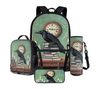 Nittanovaca Set di 4 zaini per bambini, zaino con borsa per il pranzo, per studenti scolastici, regalo per il ritorno a scuola, Corvo verde, Set di zaini per la scuola