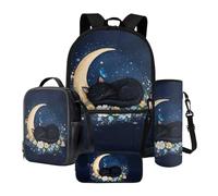 Nittanovaca Set di 4 zaini per bambini, zaino con borsa per il pranzo, per studenti scolastici, regalo per il ritorno a scuola, Luna fiore gatto blu, Set di zaini per la scuola