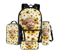 Nittanovaca Set di 4 zaini per bambini, zaino con borsa per il pranzo, per studenti scolastici, regalo per il ritorno a scuola, Girasole di mucca degli altopiani gialli, Set di zaini per la scuola