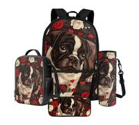 Nittanovaca Set di 4 zaini per la scuola, con borsa per il pranzo, astuccio per matite e borraccia, set da 4 pezzi, zaino grande per bambini, Multicolore-British Bulldog Rose, Set di zaini per la
