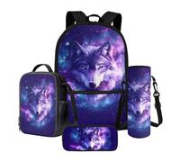 Nittanovaca Set di 4 zaini per la scuola, con borsa per il pranzo, astuccio per matite e borraccia, set da 4 pezzi, zaino grande per bambini, Galassia lupo viola e blu, Set di zaini per la scuola