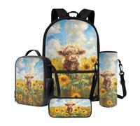 Nittanovaca Set di 4 zaini per la scuola, con borsa per il pranzo, astuccio per matite e borraccia, set da 4 pezzi, zaino grande per bambini, Girasole multicolore della mucca degli altopiani, Set di