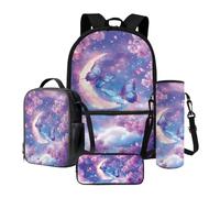 Nittanovaca Set di 4 zaini per la scuola, con borsa per il pranzo, astuccio per matite e borraccia, set da 4 pezzi, zaino grande per bambini, Fiori di ciliegio luna farfalla viola e blu, Set di zaini
