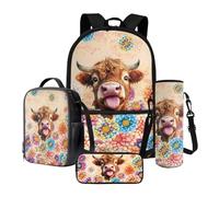Nittanovaca Set di 4 zaini per la scuola con borsa per il pranzo, zaino per bambini, zaino per la scuola per studenti elementari, Mandala, fiore multicolore della mucca delle Highland, Set di zaini