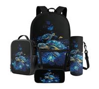 Nittanovaca Set di 4 zaini per la scuola con borsa per il pranzo, zaino per bambini, zaino per la scuola per studenti elementari, Tartaruga del Mar Nero Monstera, Set di zaini per la scuola