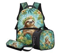 Nittanovaca Set di borsa per la scuola e borsa per il pranzo, zaino grande con cartoni animati per ragazze adolescenti, set da 3 pezzi per libri da viaggio, Foglia di mostro fiore verde bradip, Set di