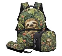 Nittanovaca Set di borsa per la scuola e borsa per il pranzo, zaino grande con cartoni animati per ragazze adolescenti, set da 3 pezzi per libri da viaggio, Foglia di mostro fiore di bradipo, Set di