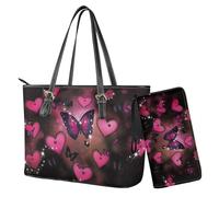 Nittanovaca Set di borse e borse, set di borse con cerniera portafoglio impermeabile, borsa a tracolla con manico superiore borsa a tracolla, Rosa e Nero-farfalla Love