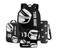 Nittanovaca Set di borse scolastiche personalizzate,Zaino scolastico 4 in 1 con set di borsa per il pranzo,Zaino con manica per bottiglia d'acqua, Hockey su ghiaccio nero, Set di zaini per la scuola
