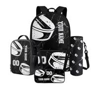 Nittanovaca Set di borse scolastiche personalizzate,Zaino scolastico 4 in 1 con set di borsa per il pranzo,Zaino con manica per bottiglia d'acqua, Marmo da hockey su ghiaccio nero, Set di zaini per la