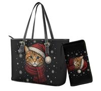 Nittanovaca Set di borsetta da donna con stampa di gatto e fiocco di neve, in pelle PU, borsa con manico superiore e cinturino da polso, per uso quotidiano