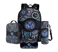Nittanovaca Set di zaini per la scuola con cartoni animati, con borsa per il pranzo, per ragazzi e adolescenti, zaino grande per il rientro a scuola, Multicolor-lupo Mandala Fiore, Set di zaini per la