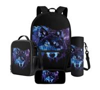 Nittanovaca Set di zaini per la scuola con cartoni animati, con borsa per il pranzo, per ragazzi e adolescenti, zaino grande per il rientro a scuola, Galassia lupo multicolore, Set di zaini per la