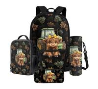 Nittanovaca Set di zaini per la scuola per bambini, set di 4 zaini con cartoni animati, zaino da viaggio per scuola elementare prescolare, Trattore mucca Black-Highland, Set di zaini per la scuola
