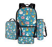 Nittanovaca Set di zaini per la scuola per ragazze, zaini con cartoni animati con set di borsa per il pranzo, zaino per studenti, borsa casual per libri da viaggio, Blu Gallo Maiale Pecora Fiore, Set