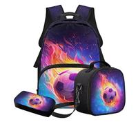 Nittanovaca Set di zaini per la scuola per ragazzi, con borsa per il pranzo e astuccio, set da 3 pezzi, zaino per studenti, borsa casual per libri, Blu e Rosso-Calcio Acqua Fuoco, Set di zaini per la