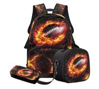 Nittanovaca Set di zaini per la scuola per ragazzi, con borsa per il pranzo e astuccio, set da 3 pezzi, zaino per studenti, borsa casual per libri, Fuoco di rugby nero e rosso, Set di zaini per la
