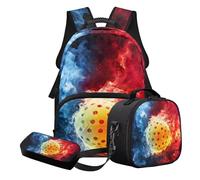 Nittanovaca Set di zaini per la scuola per ragazzi, con borsa per il pranzo e astuccio, set da 3 pezzi, zaino per studenti, borsa casual per libri, Fuoco d'acqua rosso e blu-pickleball, Set di zaini