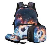 Nittanovaca Set di zaini per la scuola, zaino con borsa per il pranzo e astuccio, set da 3 pezzi, zaino grande per bambini per la scuola elementare, Fulmine Fuoco di calcio multicolore, Set di zaini