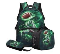 Nittanovaca Set di zaini per la scuola, zaino con borsa per il pranzo e astuccio, set da 3 pezzi, zaino grande per bambini per la scuola elementare, Green-rugby Fulmine, Set di zaini per la scuola